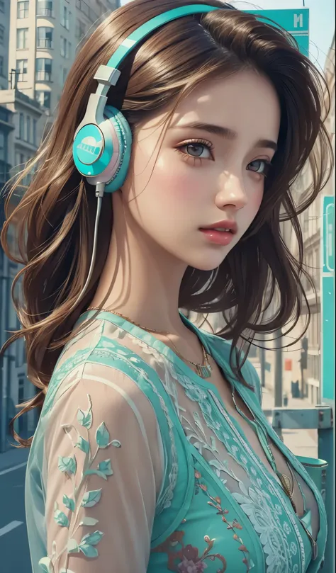 model girl wearing headphones, city background, brown eyes, intricate details, aesthetically pleasing pastel colors, poster back...