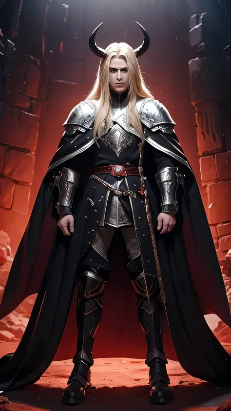 a man with long blond hair and black roots. he wears a helmet with horns that covers his neck. he wears armor with ram figures. ...