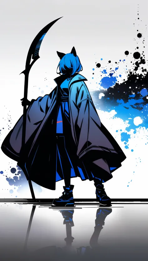 A dark, futuristic, silhouetted figure of a girl with cat ears and a long, flowing coat, holding a massive scythe with a mechanical cat integrated into the blade, standing on a reflective surface with a minimalist, light gray background. --ar 4:3 --stylize...