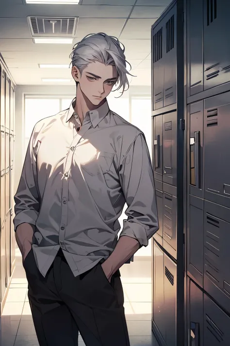 (1 person)((mtu:1.2))((mysterious man)), (leaning against locker), (hands in pants pockets)，((white shirt)), silver hair, gray eyes, modern , perfect hand, in the campus hallway, best light and shadow