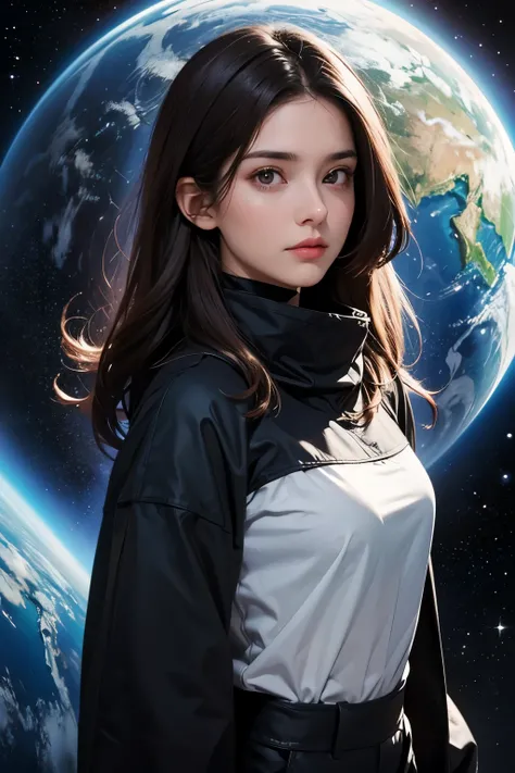 A beautiful woman. Dark brown hair. Twenty-five years old. She is looking at the camera with a serious expression. she is wearing clothes. An image of outer space and four-dimensional space-time in the space behind her.