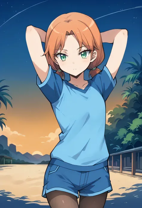 Hayami Rinka, green eyes, orange hair, low twintails, blue shirt, short_sleeves, blue shorts, black_pantyhose, high quality, solo, looking at viewer, solo, {contrapposto}, spread armpit, arms behind head, looking at viewer, (cowboy shot:1.5), closed mouth,...