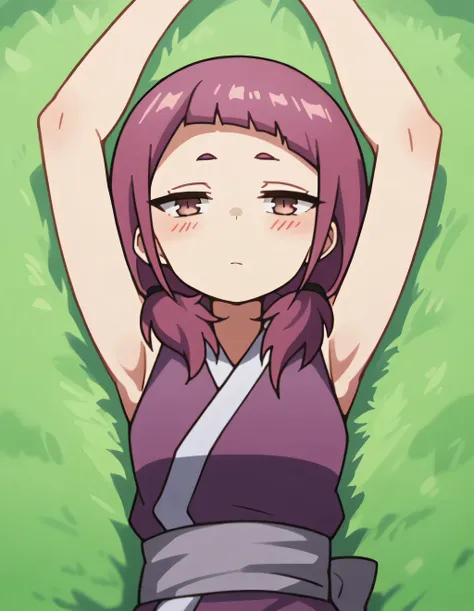 Shakuyaku, source anime, anime, shiny skin, high quality, solo, lying, on back, arms up, spread arms, closed mouth, on grass, expressionless, cowboy shot, blushing, looking at viewer, expressionless, best quality