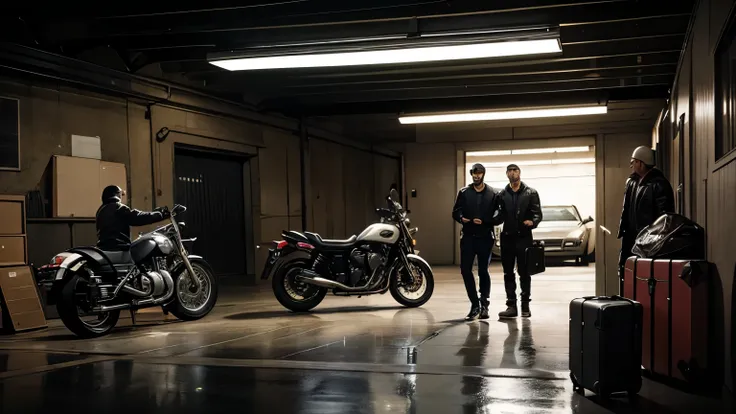 two men, a man receiving a suitcase from another man, inside a dark garage, dark place, motorcycles in the background of the image, bikers around,