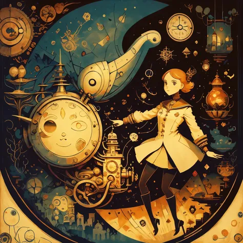 2 girl, round face, sailor uniform, white-coat, chemistry experiment, laboratory, cute action, paul-klee: abstract style, george...