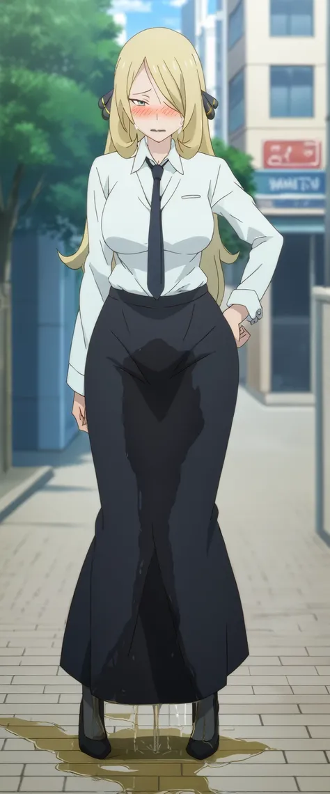 (high quality,Very detailed:1.37, High resolution), 2d, anime, anime style, anime source, Woman, Cynthia (Pokemon), slender, business suit, necktie, (long skirt:1.25), (pencil skirt:1.5), pantyhose, huge breasts, cleavage, looking at viewer, masterpiece, b...