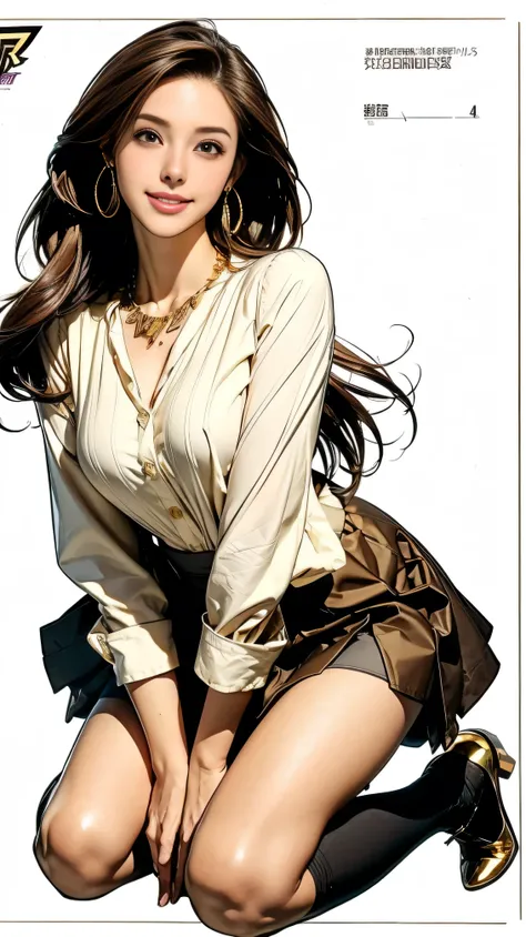 SeaArt Bot Txt2Img Default 09:20:06 ((masterpiece)),(((Highest quality))),((Character design sheet)),Thin thighs,Long legs,white long sleeve button up blouse_brown pleated mini skirt:1.5，The best smile:1.5，Full Body Shot:1.5，masterpiece, Highest quality, O...