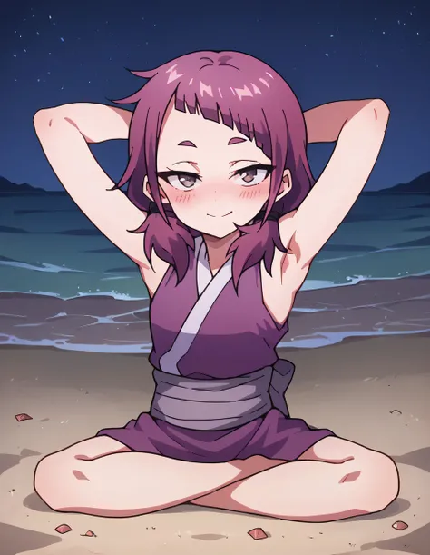 Shakuyaku, high quality, solo, looking at viewer, solo, {contrapposto}, spread armpit, arms behind head, looking at viewer, full body, closed mouth, night sky, beach, looking at viewer, blushing, best quality, smile,