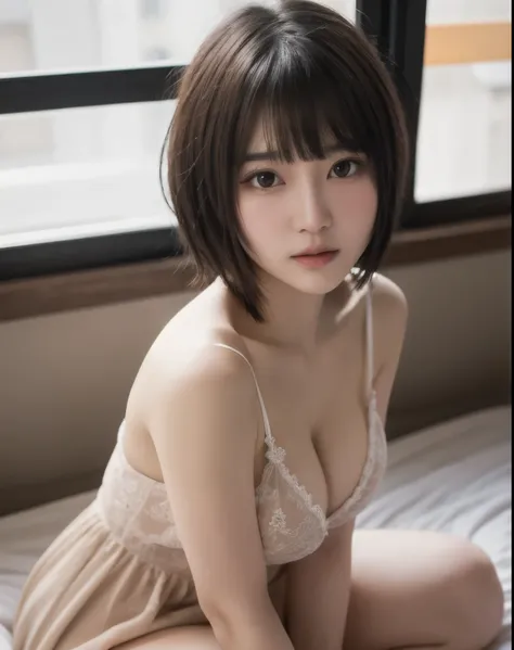 One girl, Detailed skin, Make eye contact, Brown eyes, (Short hair with bangs:1.2), (Medium breast:1.0), (Mid areola:0.8), (Realistic:1.4), (Highest quality:1.0), (Ultra-high resolution:1.0), 8k, RAW Photos, (masterpiece:0.2), (Pure Eros Face_v1:0.5), In t...