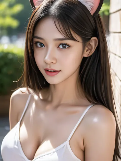 Hands in cat pose ,Tall teen with cat ears ,Very ahegao teen open mouth facial ,Asuna Yuuki as a teenager, ,White Mini Cami Top,Busty Breasts , Her big, big breasts are spilling out of her top ,View close up on face and tits chest , View ,HDR 1000, 8K Wet ...