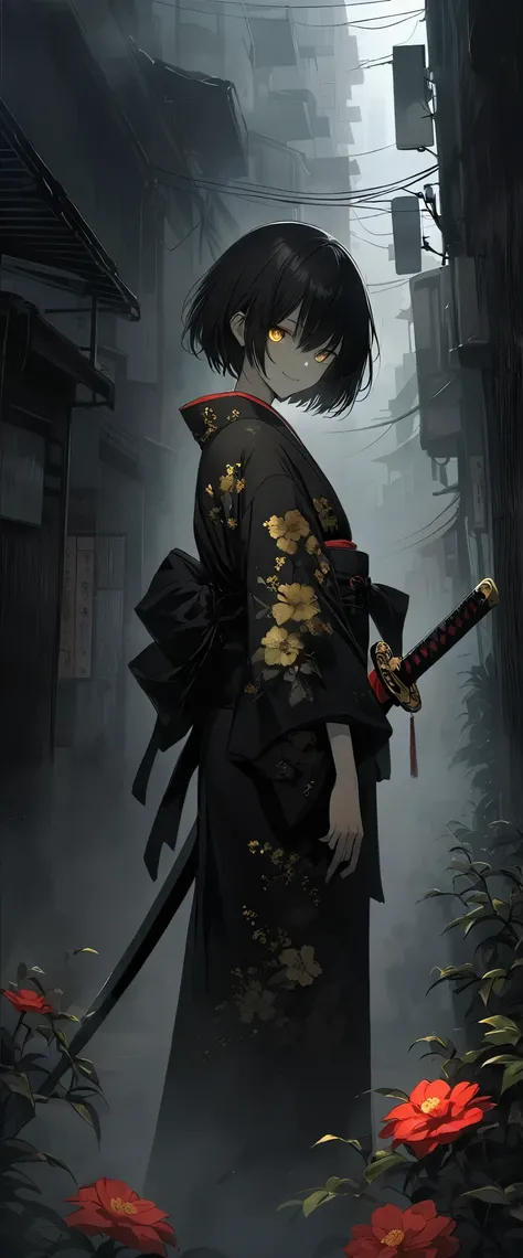 A black silk kimono embroidered with gold flowers。In the fogでの美しさ,In the fog。Standing in an alley。Black belt。smile。Black short hair。Long sword。amount,Foggy Sky。 To the audience。Beautiful golden eyes。。Dead skin。alone。darkness。Spooky atmosphere。Japan。City of...