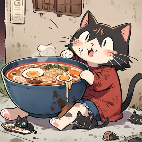 cat, black cat, ramen, cat eating ramen,