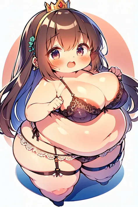 ((Highest quality)),(kawaii:1.2) break (Full body chibi character:1.6), (Big Head),cute break obese break (Light brown hair),Tied Hair,((Bangs Bangs)) break 汗,Ahegao,よだれ break (lace bra,lace panties,princess,neckless,earing,garter belt,dildo) break (saggy ...