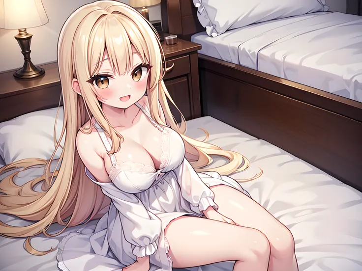 masterpiece, best quality, great, depth of field, fine detail, Amazing, finely detail, ultra-detailed, from above, close up, hand between legs, sit on bed, blush, smile, cute face, kawaii, slender, (long hair, platinum-blonde hair:1.1), open mouth, brown e...