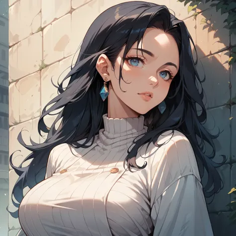 a milf in her 40s is standing next to the wall. she has long black hair and light blue eyes.