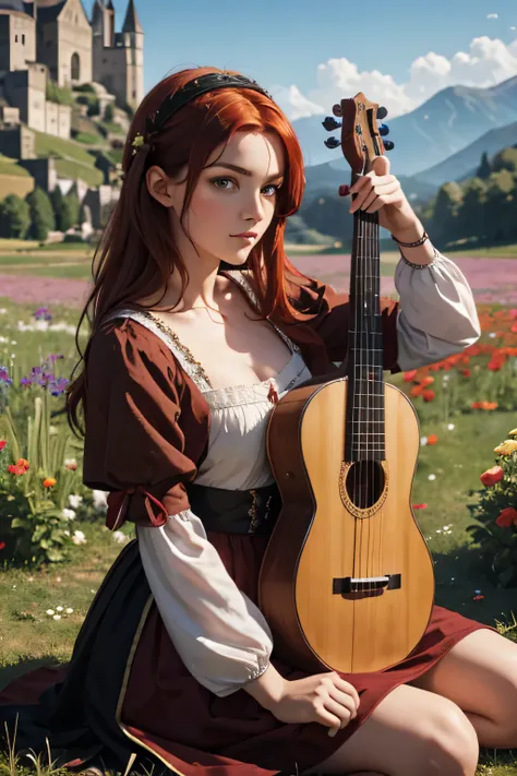 1 medival minstrel, age 30, beautiful european woman, she has red hair, she plays the lute, woman looks at viewer, open field background, absurdres, high res, ultrasharp, 8K, masterpiece, the image should be of absurd resolution and high detail. It should ...