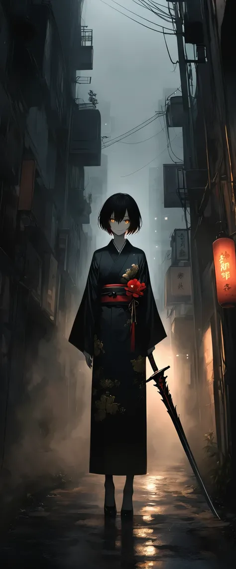 A black silk kimono embroidered with gold flowers。In the fogでの美しさ,In the fog。Standing in an alley。Black belt。smile。Black short hair。Long sword。amount,Foggy Sky。 To the audience。Beautiful golden eyes。。Dead skin。alone。darkness。Spooky atmosphere。Japan。City of...