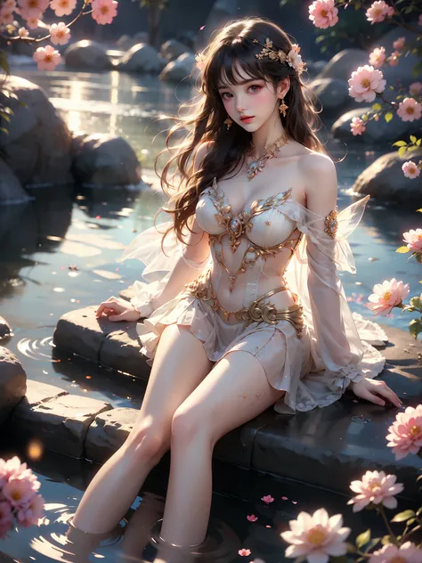 constellation (High quality details), 1 Girl, solo, Young women, Elegant Posture, ((night, moonlight)), (Female figure，Lying in the water naturally，River Water，rock, Relaxed expression), (Focus on natural body posture and correct anatomy:1.3), (Perfect leg...