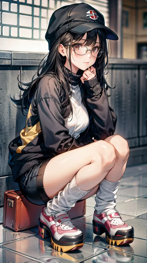 One  girl,long black hair,glasses,slender body,squatting,baseball cap,jacket,turtleneck bra,bike shorts,((slouch socks1.5)),((platform sneaker)).