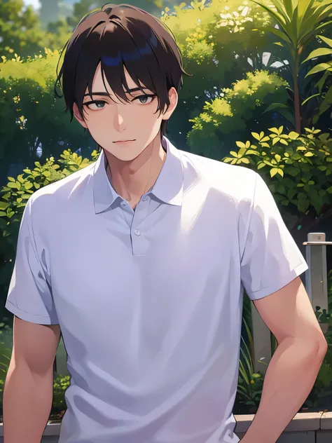 upper body、shiny skin, masterpiece、Highest quality、(2 male:1.5) and (Brown short hair) and (Green Eyes), (Wearing a white polo shirt)、Standing、smile、The background is outside、(Alone:1.5)、Upper body is shown、