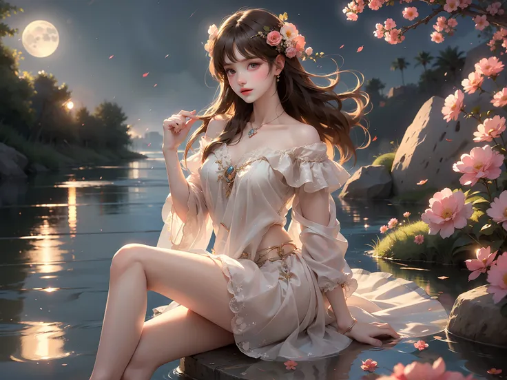 summer4 (High quality details), 1 Girl, solo, Young women, Elegant Posture, ((night, moonlight)), (Female figure，Lying in the water naturally，River Water，rock, Relaxed expression), (Focus on natural body posture and correct anatomy:1.3), (Perfect leg propo...