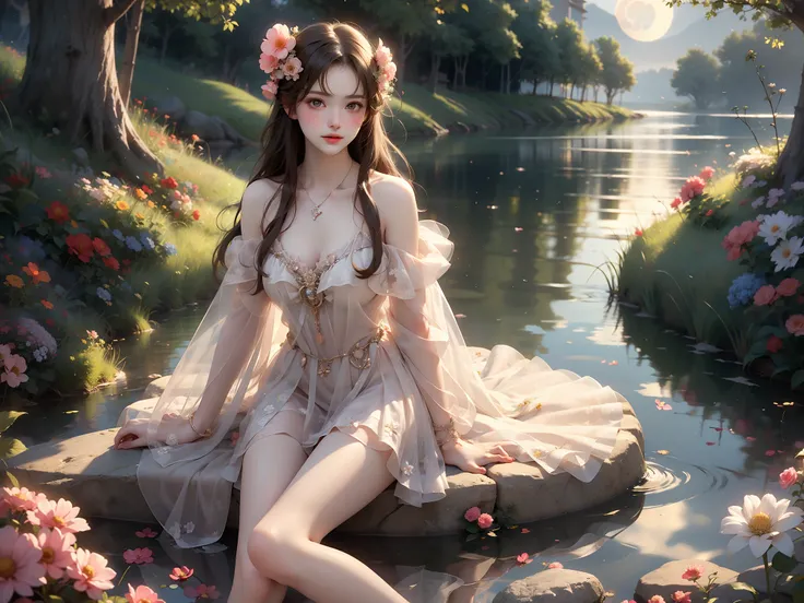 summer4 (High quality details), 1 Girl, solo, Young women, Elegant Posture, ((night, moonlight)), (Female figure，Lying in the water naturally，River Water，rock, Relaxed expression), (Focus on natural body posture and correct anatomy:1.3), (Perfect leg propo...