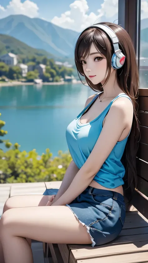 Sexy girl tanktop, beautiful, sitting and listening to music、Wearing headphones, lakeview background, view by viewer