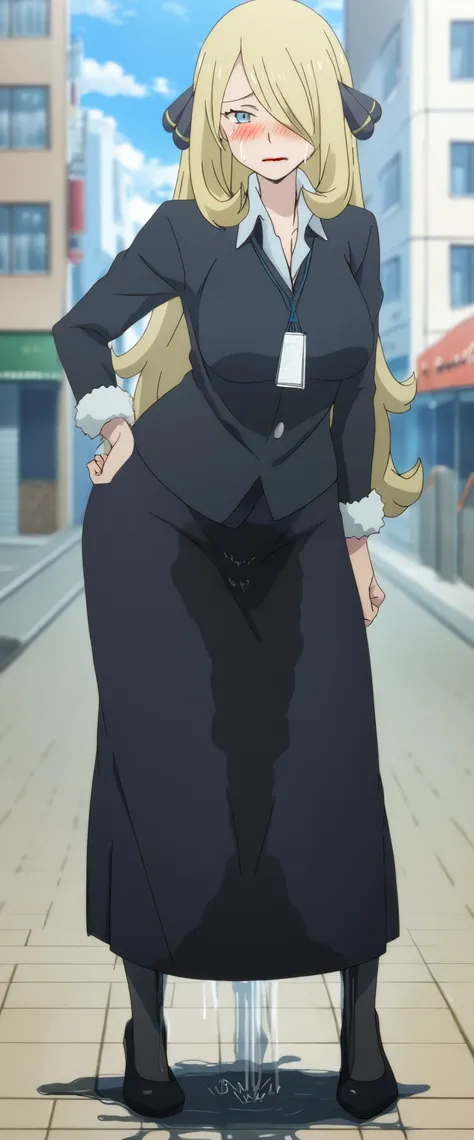 (high quality,Very detailed:1.37, High resolution), 2d, anime, anime style, anime source, Woman, Cynthia (Pokemon), slender, business suit, necktie, (long skirt:1.25), (pencil skirt:1.5), pantyhose, huge breasts, cleavage, looking at viewer, masterpiece, b...