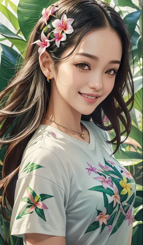 thai woman wearing plumeria flower design t-shirt and jean shorts, smiling, surrounded by lush tropical foliage. splash art. del...