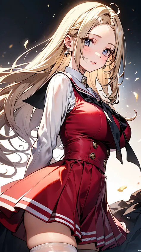 Big Breasts:1.5、(((colorful:1.5、Red clothes:1.5、forehead、white blond hair:1.5、super long hair:1.5)))、((forehead、school uniform:1.5、sailor uniform:1.5、Dress shirt、Cowboy Shot、Long eyelashes、Earrings、Earrings、Gal:1.5、early thirties:1.5、uniform:1.5、mini skirt...