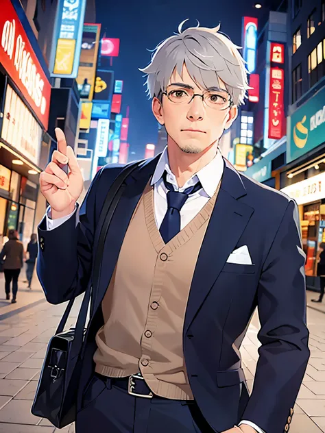 Raising hand, (surprised:1.5), dutch angle, masterpiece、high quality、(A 50-year-old man with short grey hair and brown eyes:1.5)、Wearing a grey suit、 The background is a shopping street at night、Alone、Bold composition、Standing@where.now
