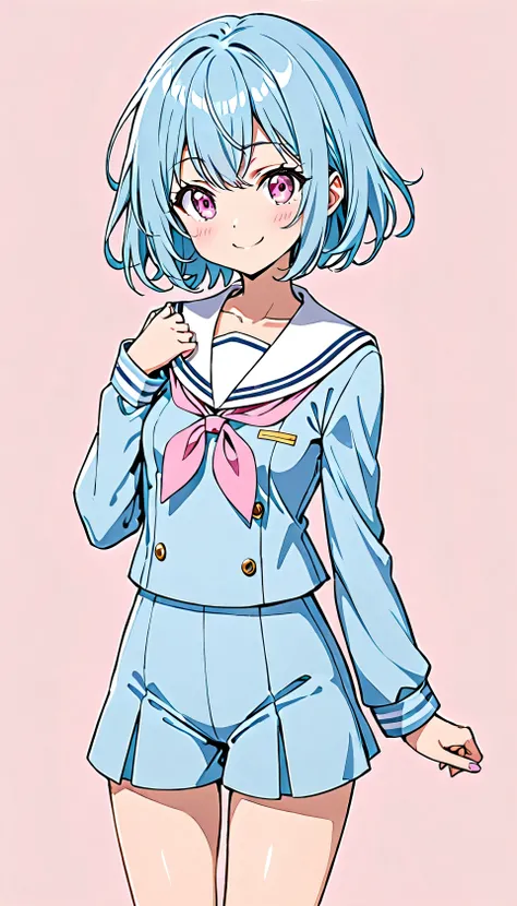 short light blue hair, Oblique eyes, Small breasts、Short pink eyes,Simple Background, Standing with a smile, Light blue sailor suit