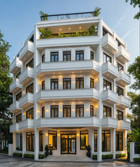 neo classical hotel on street, (sunset), tropical tree, vivid colour, streetcapes, black detail, white wall, large glass door, w...