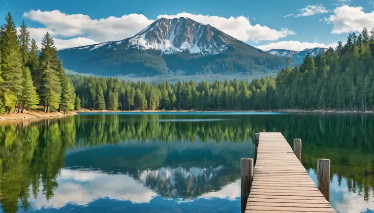 An expansive, serene nature landscape featuring a tranquil lake surrounded by tall pine trees and rolling green hills in the background. The sky is clear blue with soft white clouds, reflecting on the calm surface of the water. In the distance, snow-capped...