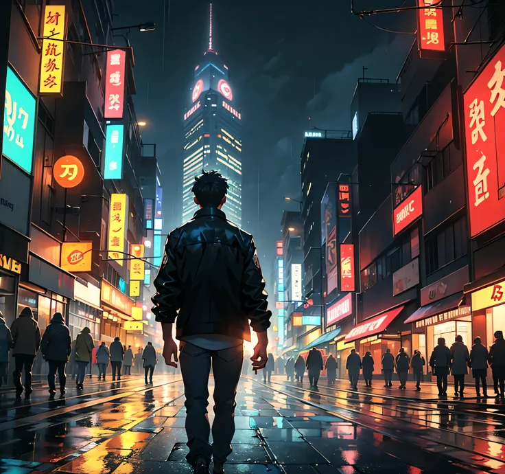 A high-resolution, detailed anime-style scene of a boy seen from behind, surrounded by a crowd in the middle of a bustling city. He is positioned at the center of a densely packed urban area, with towering buildings all around. It is a rainy night, with ra...