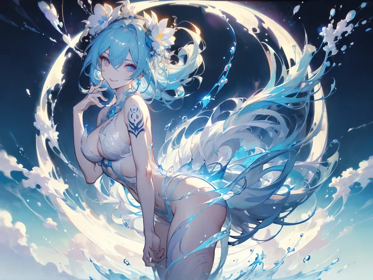 ((masterpiece， best quality))，Moon Goddess，Wind, flowers, snow, and moon，Jade Rabbit，laurel，blue，Pure white background，Standing，detailed face，Smile，whole body，Perfect body proportions，Glowing eyes，sexly，Tattoo，extremely beautiful，transparent，Fishnet stocki...