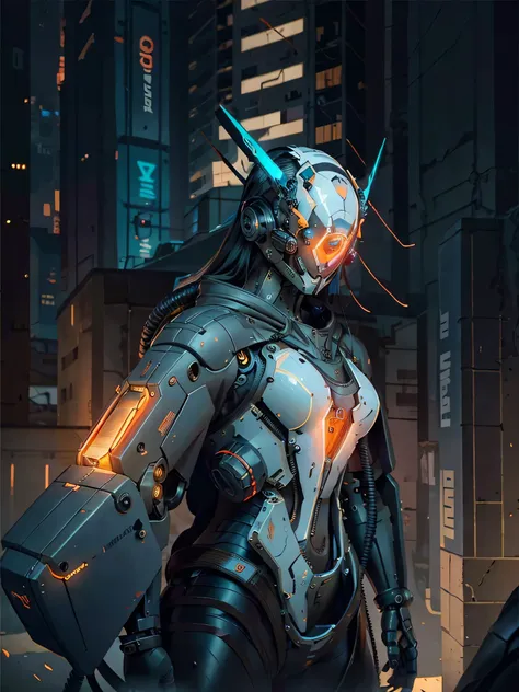 1girl, a beautiful girl cyborg cyberpunk with a cyberpunk city tall buildings, white hair, cybermask, white and orange and black machine suit color combination, the body full of machine, realistic futuristic hologram, asian skin tone, beautiful eye, beauti...