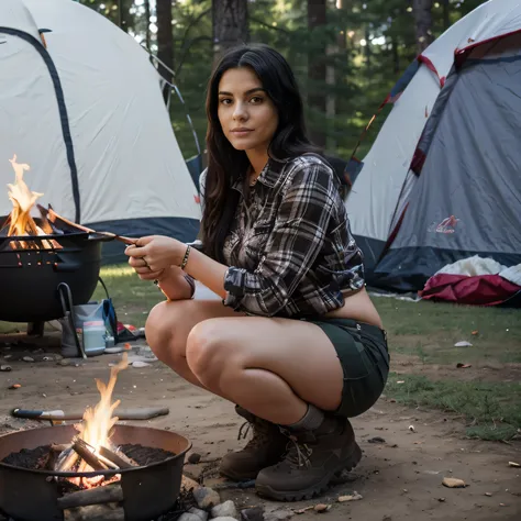 “((best quality)), ((masterpiece)), (detailed),Tina,full body portrait of Tina,Tina, a stunning young Latina woman with long, flowing black hair and a curvy, sexy body, ""On a camping trip, Tina wears a comfortable flannel shirt and cargo shorts, paired wi...