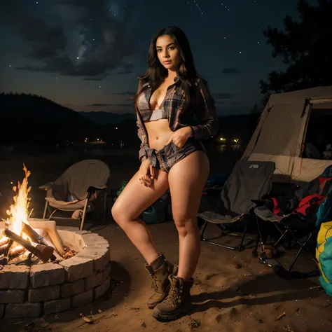 “((best quality)), ((masterpiece)), (detailed),Tina,full body portrait of Tina,Tina, a stunning young Latina woman with long, flowing black hair and a curvy, sexy body, ""On a camping trip, Tina wears a comfortable flannel shirt and cargo shorts, paired wi...