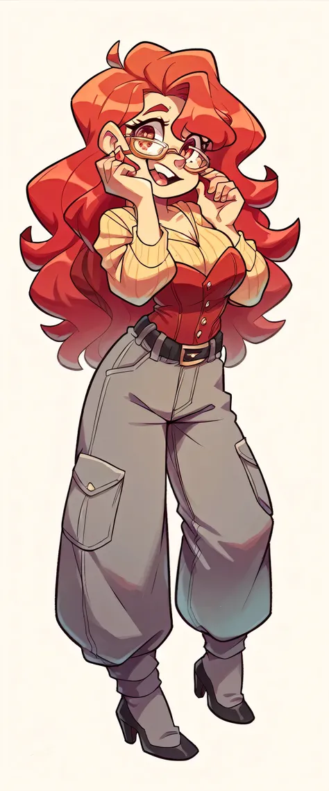  A beautiful attractive sexy woman with long wavy red hair black eyelash big red eye wears a red corset and a long dark gray pants black belt black heels her short dwarf husband give her a yellow crystal glasses she happy emotion