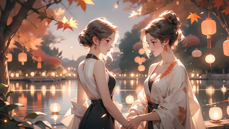 Autumn Night, Lanterns, 1 woman alone, cleavage, hands in her back, Sweet Nighttime Experience