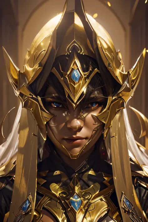 Rpg  fantasy characters dark elf female warrior god armor  gold white hood peace cape portrait gems on armour interior design 