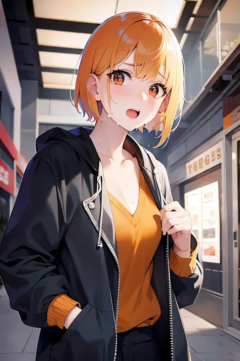 upper body, (pale skin: 1.2), shiny skin, shiny hair、(2 woman with orange bob cut) and (orange eyes) , white collared shirt、(surprised:1.5), (sweat:1.5), open mouth, The background is a shopping street、Alone、Standing
