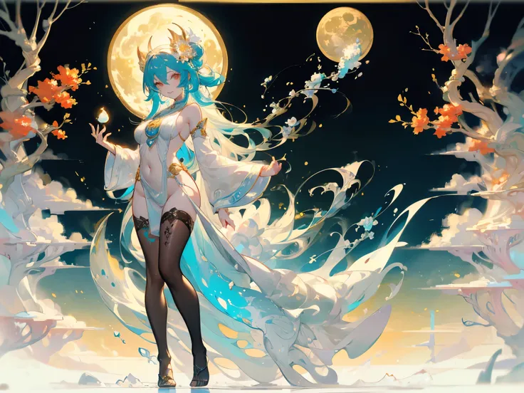 ((masterpiece， best quality))，Moon Goddess，Wind, flowers, snow, and moon，Jade Rabbit，laurel，Gold and cyan，Pure white background，Standing，detailed face，Smile，whole body，Perfect body proportions，Glowing eyes，sexly，Tattoo，extremely beautiful，transparent，Fishn...