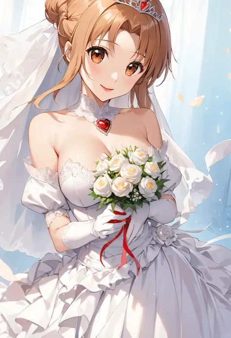 Highest quality、Very detailed、High resolution illustrations、Ultra-high-definition CG、８k size wallpaper、Production art、Light Novel Illustration、（１People Girls)、As Yuuki, Hair Bun bridal、bangs, Brown Hair, Brown eyes, Exposing shoulders, Removable sleeves, W...
