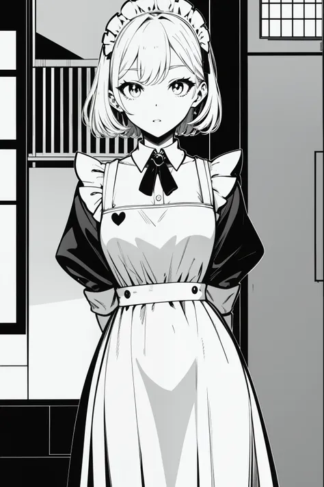 maid outfit,line art,monochrome,hands behind back