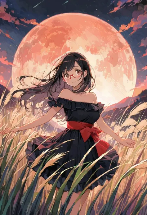 dancing, off-shoulder top,exposed shoulders, ruffled skirt, , hill with vast pampas grass, ((Japanese pampas grass)), huge full moon,serene night atmosphere,soft moonlight illuminating grass,tranquil scene,breezy feel,

BREAK
1girl, 17yo, brown eyes are sh...