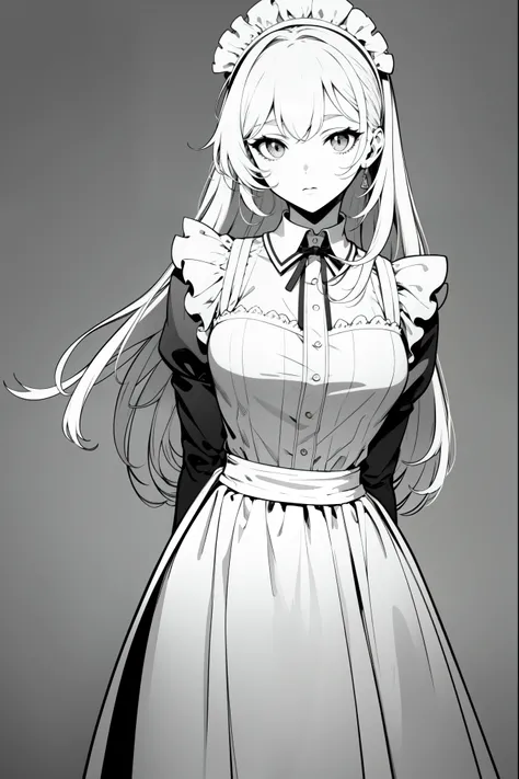 maid outfit,Line Art,Monochrome,hands behind back,waist up