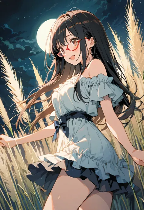 dancing, off-shoulder top,exposed shoulders, ruffled skirt, , hill with vast pampas grass, ((Japanese pampas grass)), huge full moon,serene night atmosphere,soft moonlight illuminating grass,tranquil scene,breezy feel,

BREAK
1girl, 17yo, brown eyes are sh...