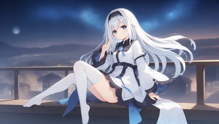 score_9, score_8_up, score_7_up, arusu maria,1girl, solo, long hair, blue eyes, white hair,hair between eyes,white dress,white thighhighs, long sleeves, wide sleeves,black hairband,Face, peace pose, smiling, sit, rised hand, cheerful, black night sky, star...